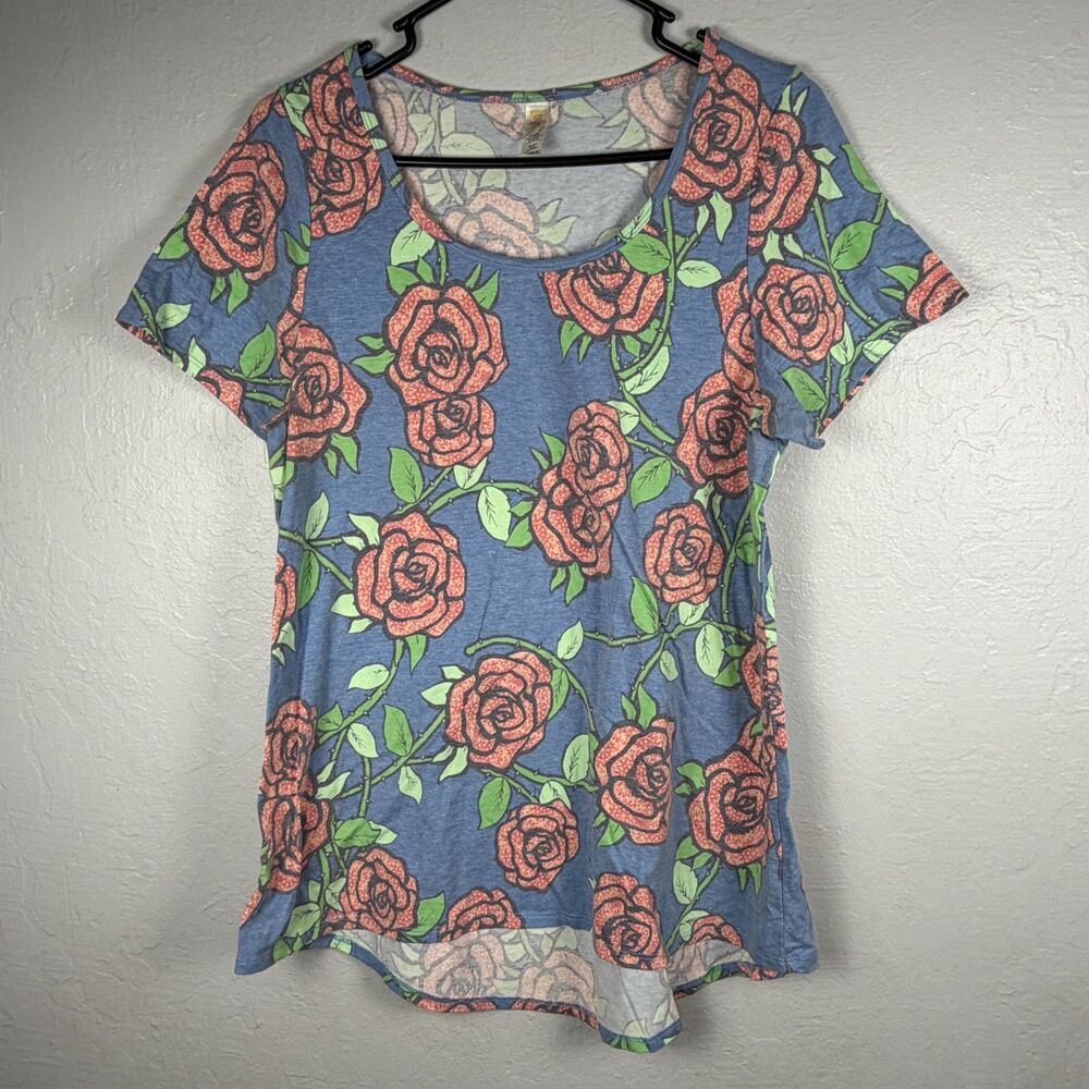 LuLaRoe Women’s Large Blue Red Rose Floral Short Sleeve Scoop Neck Top L NWOT